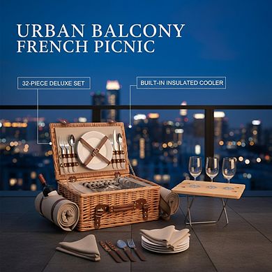 Insulated Wicker Picnic Set for 4 with Blanket & Table, Natural Outdoor Camping Basket