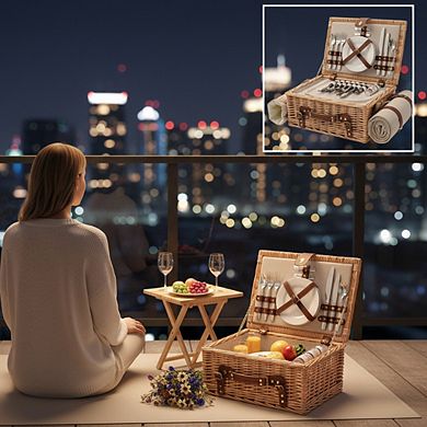 Insulated Wicker Picnic Set for 4 with Blanket & Table, Natural Outdoor Camping Basket