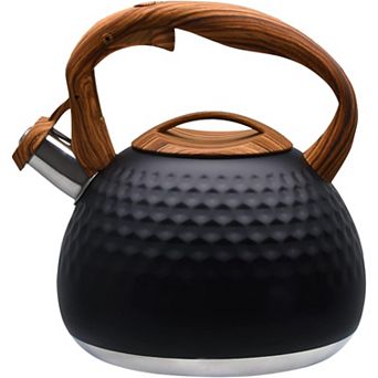 3.1-qt Whistling Tea Kettle Black, Heavy Stainless Steel with Wood Handle Button Spout