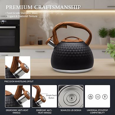 3.1Qt Whistling Tea Kettle Black, Heavy Stainless Steel with Wood Handle Button Spout