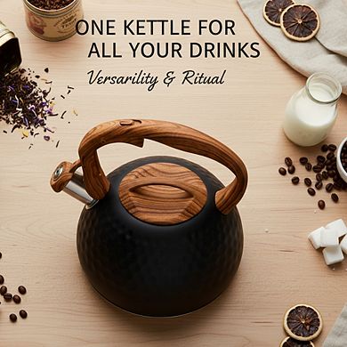 3.1Qt Whistling Tea Kettle Black, Heavy Stainless Steel with Wood Handle Button Spout