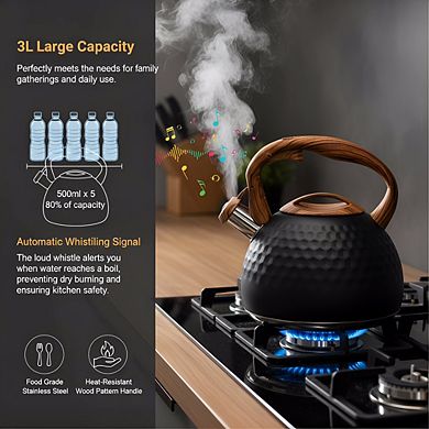 3.1Qt Whistling Tea Kettle Black, Heavy Stainless Steel with Wood Handle Button Spout