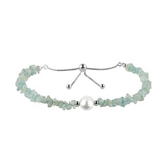 KSIZUIS Natural Aquamarine Bead Slider Bolo Bracelet with Pearl - 925 Sterling Silver, 10"