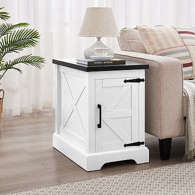 Merax Farmhouse End Table with Concealed Storage, Rustic Nightstand with Barn Door Design