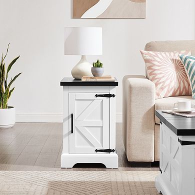 Merax Farmhouse End Table with Concealed Storage, Rustic Nightstand with Barn Door Design