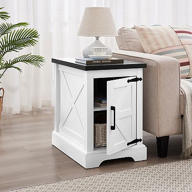 Merax Farmhouse End Table with Concealed Storage, Rustic Nightstand with Barn Door Design