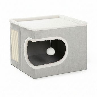 Grey Indoor Cat Cube House, Covered Cave Bed with Scratch Pad & Hideaway Tent