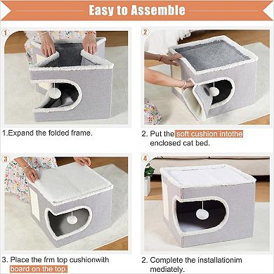 Grey Indoor Cat Cube House, Covered Cave Bed with Scratch Pad & Hideaway Tent