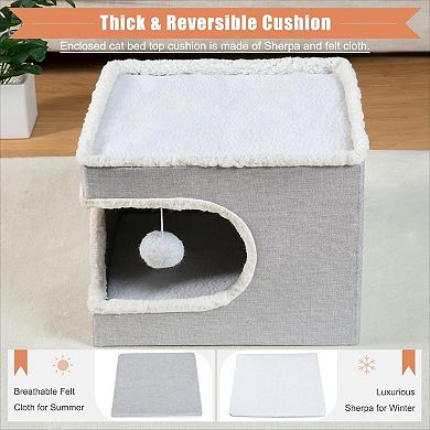 Grey Indoor Cat Cube House, Covered Cave Bed with Scratch Pad & Hideaway Tent