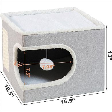 Grey Indoor Cat Cube House, Covered Cave Bed with Scratch Pad & Hideaway Tent