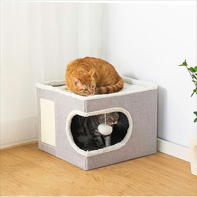 Grey Indoor Cat Cube House, Covered Cave Bed with Scratch Pad & Hideaway Tent