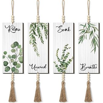 Great Ambitions Boho Bathroom Signs Set of 4, 12x5" Wooden Art with Beads, Leaf Print