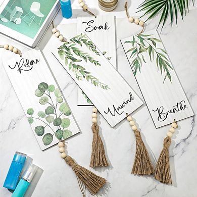 Great Ambitions Boho Bathroom Signs Set of 4, 12x5" Wooden Art with Beads, Leaf Print