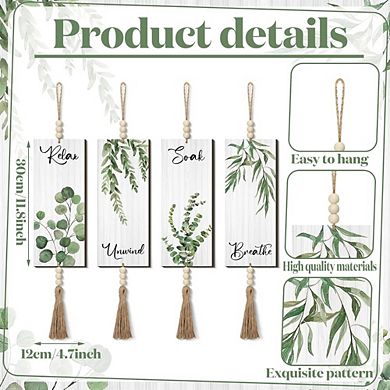 Great Ambitions Boho Bathroom Signs Set of 4, 12x5" Wooden Art with Beads, Leaf Print