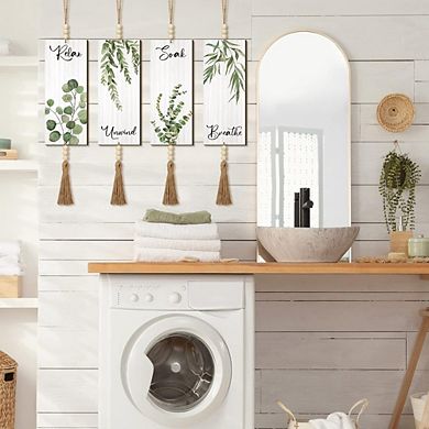 Great Ambitions Boho Bathroom Signs Set of 4, 12x5" Wooden Art with Beads, Leaf Print