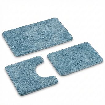 Lake Blue Bath Mat Set 3 pc U-Shaped Non-Slip Microfiber Plush Quick Dry