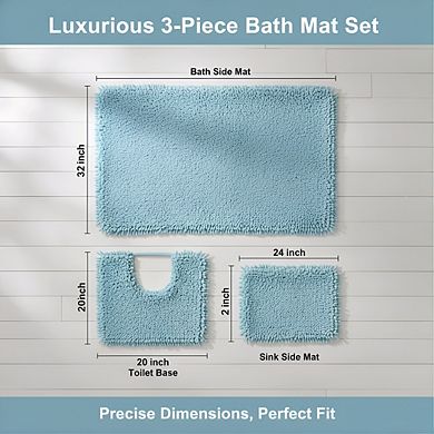 Lake Blue Bath Mat Set 3pc, U-Shaped Non-Slip Microfiber Plush Quick Dry