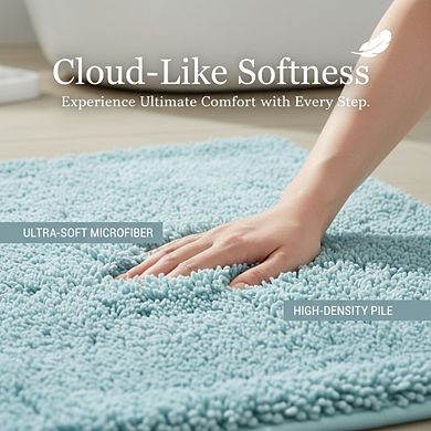 Lake Blue Bath Mat Set 3pc, U-Shaped Non-Slip Microfiber Plush Quick Dry