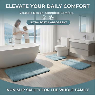 Lake Blue Bath Mat Set 3pc, U-Shaped Non-Slip Microfiber Plush Quick Dry