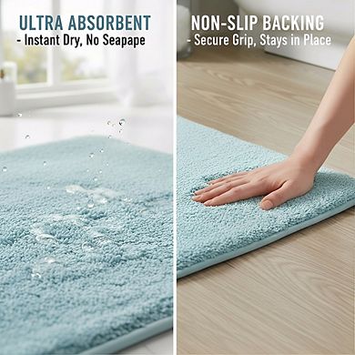 Lake Blue Bath Mat Set 3pc, U-Shaped Non-Slip Microfiber Plush Quick Dry