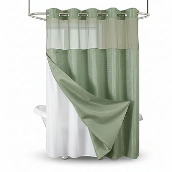 No Hook Waffle Shower Curtain with Snap Liner Mesh Window Hotel Style Waterproof 72x75 Sage Green
