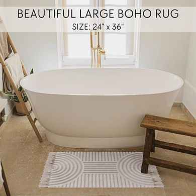 JUANWANG Soft Boho Bath Mat, 2x3ft, Tassels, Non-Slip, Washable Cotton, Modern Decor