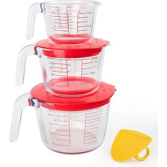 Glass Measuring Cups Set 6 pc with Lids and Strainer