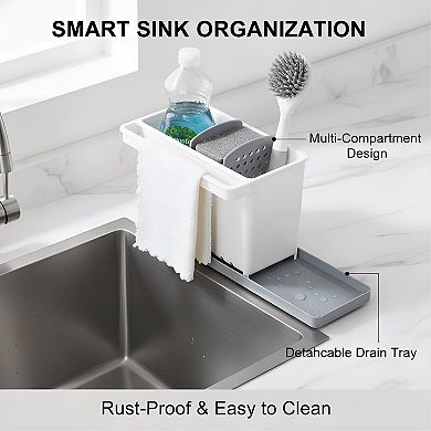 Kitchen Sink Sponge Caddy with Dividers, Plastic Dish Scrubber Holder Countertop