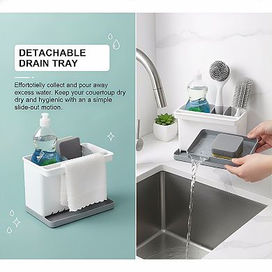 Kitchen Sink Sponge Caddy with Dividers, Plastic Dish Scrubber Holder Countertop