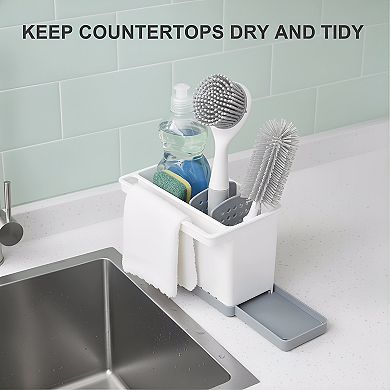 Kitchen Sink Sponge Caddy with Dividers, Plastic Dish Scrubber Holder Countertop