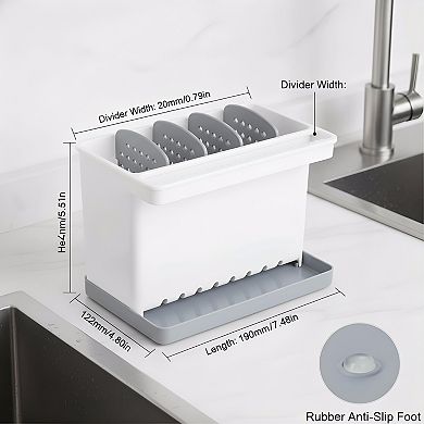 Kitchen Sink Sponge Caddy with Dividers, Plastic Dish Scrubber Holder Countertop