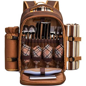 Insulated Picnic Backpack for 4, Includes Wine Bag & 45x53" Blanket, Brown Outdoor Gift
