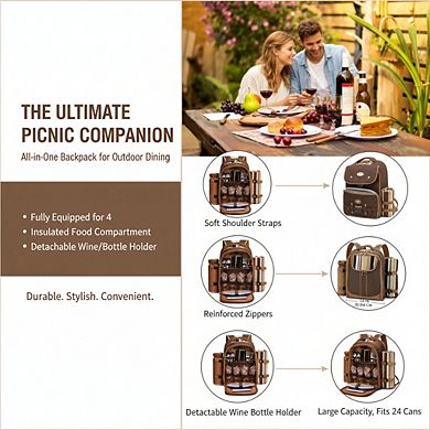 Insulated Picnic Backpack for 4, Includes Wine Bag & 45x53" Blanket, Brown Outdoor Gift