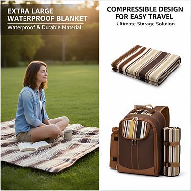 Insulated Picnic Backpack for 4, Includes Wine Bag & 45x53" Blanket, Brown Outdoor Gift