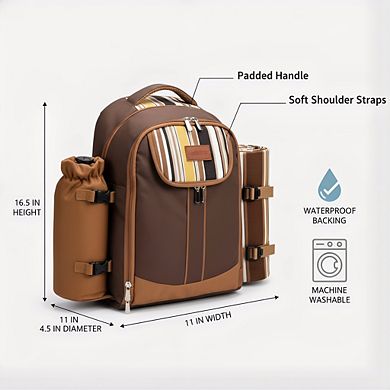 Insulated Picnic Backpack for 4, Includes Wine Bag & 45x53" Blanket, Brown Outdoor Gift