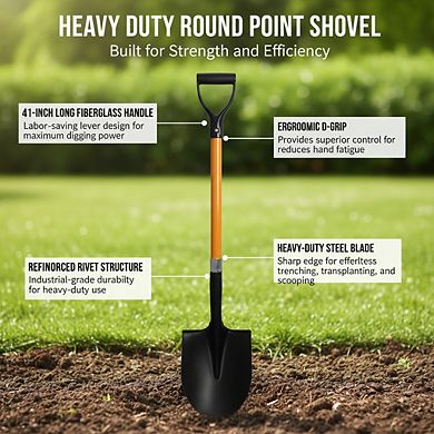 Heavy-Duty Digging Shovel 41 Inch, Trenching Blade with Comfort Grip for Garden