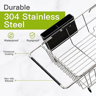 Expandable Dish Drying Rack Stainless Steel with Utensil Holder