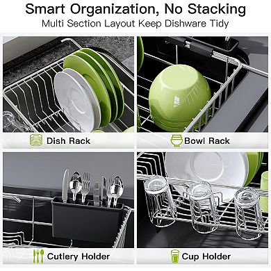 Expandable Dish Drying Rack Stainless Steel with Utensil Holder