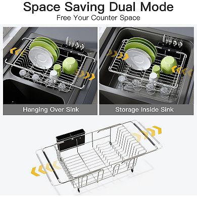 Expandable Dish Drying Rack Stainless Steel with Utensil Holder