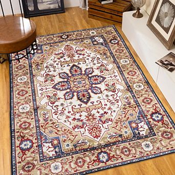 Aurora Ascent 6x9 Vintage Bohemian Persian Floral Area Rug Blue Gold Non-Slip Washable