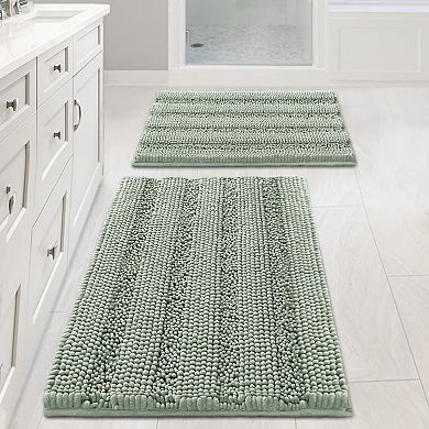 Bathroom Rugs, Bath Mat Set of 2 Extra Thick Chenille Striped Pattern Shaggy Bath Rugs for Bath Room