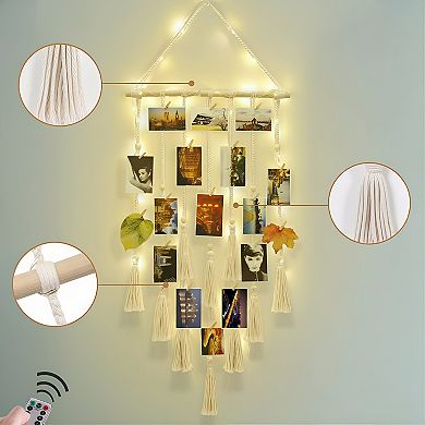 Macrame Wall Hanging with Photo Display and Light Clips