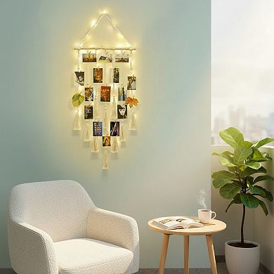 Macrame Wall Hanging with Photo Display and Light Clips