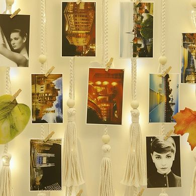 Macrame Wall Hanging with Photo Display and Light Clips