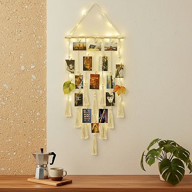 Macrame Wall Hanging with Photo Display and Light Clips