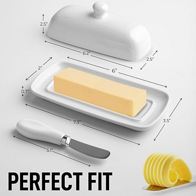 Great Ambitions Ceramic Butter Dish with Lid & Knife, Keeps Butter Fresh, Easy-Grip Design
