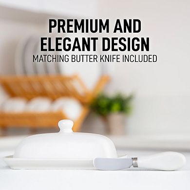 Great Ambitions Ceramic Butter Dish with Lid & Knife, Keeps Butter Fresh, Easy-Grip Design