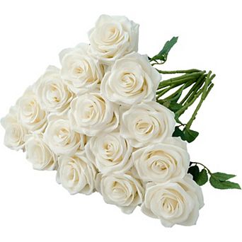 Ivory Real Touch Roses 15 Stems, Artificial Silk Flowers Bouquet for Wedding Party