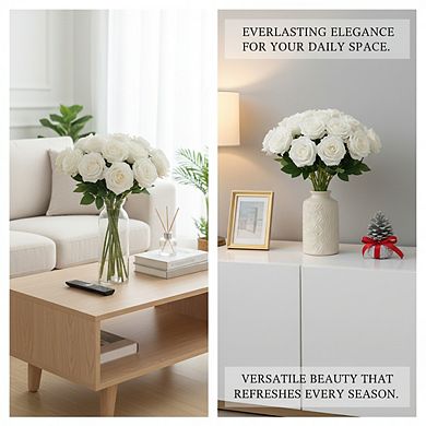 Ivory Real Touch Roses 15 Stems, Artificial Silk Flowers Bouquet for Wedding Party