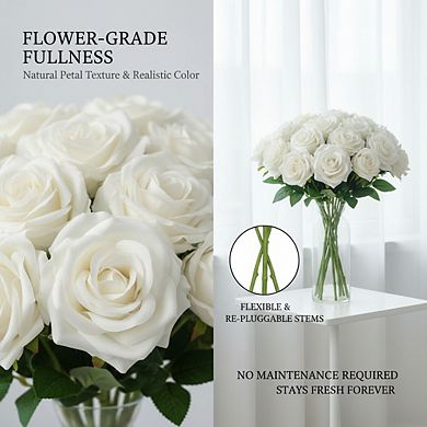 Ivory Real Touch Roses 15 Stems, Artificial Silk Flowers Bouquet for Wedding Party